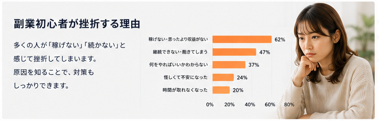 副業初心者が挫折する理由グラフ 継続率データ