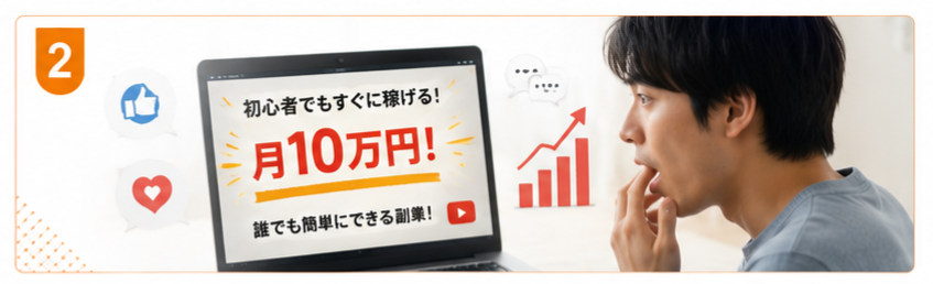 稼げる系YouTube動画を見て月10万円を夢見る男性